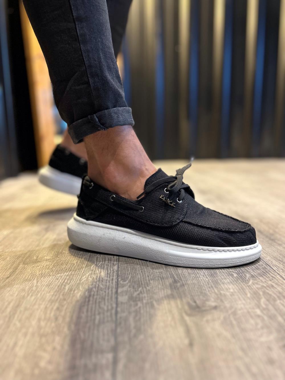 Men's High-Sole Seasonal Linen Shoes 009 Black (White Sole) - STREETMODE ™