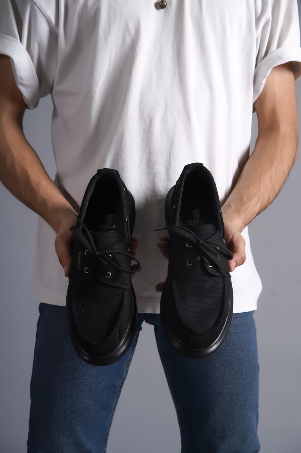 Men's High-Sole Seasonal Linen Shoes 009 Black (Black Sole) - STREETMODE ™