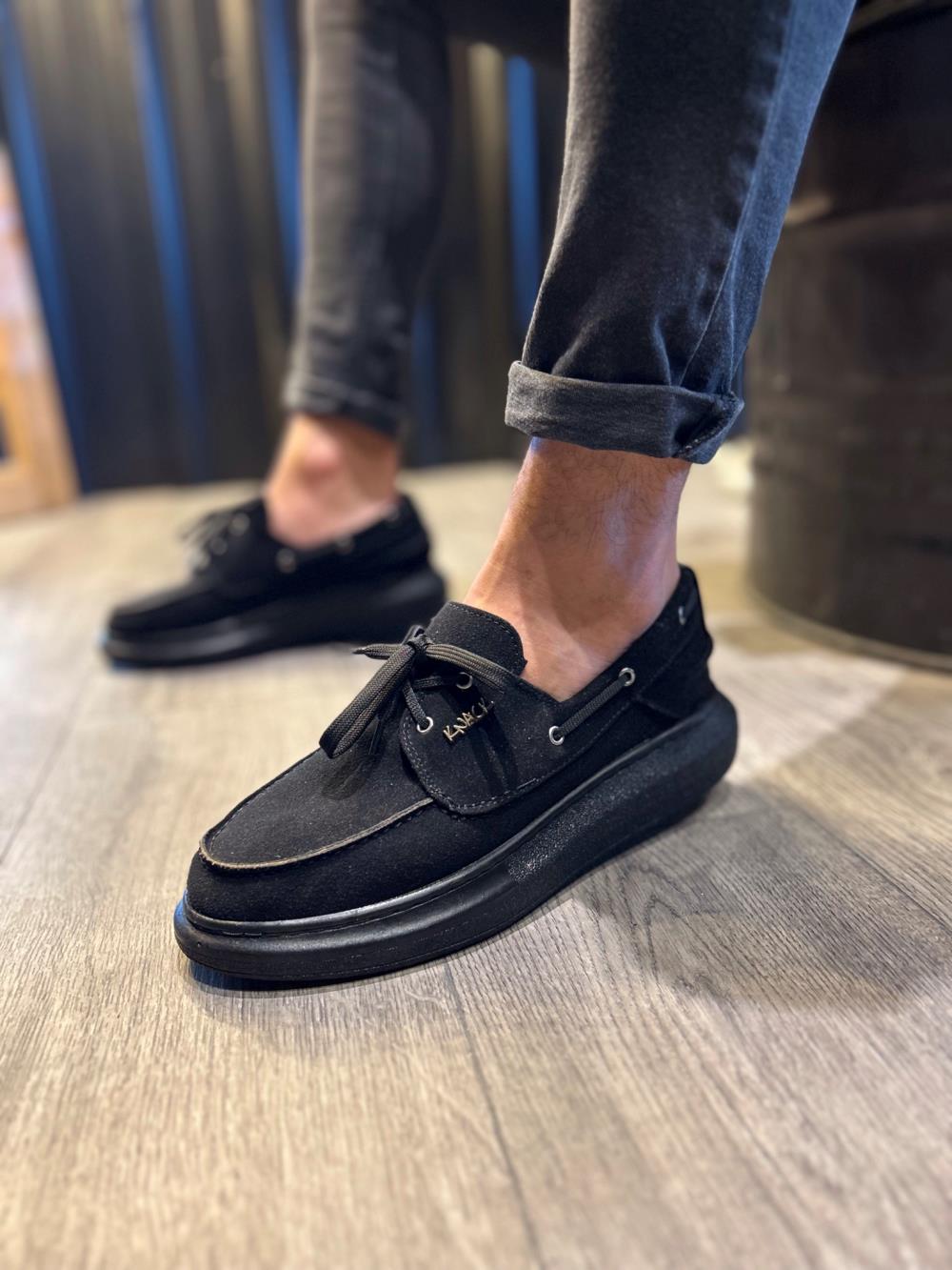 Men's High Sole Seasonal Suede Shoes 009 Black (Black Sole) - STREETMODE ™
