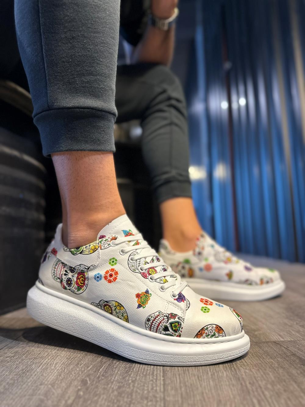 Men's High Sole Colorful Printed Casual Shoes 046 White Skull