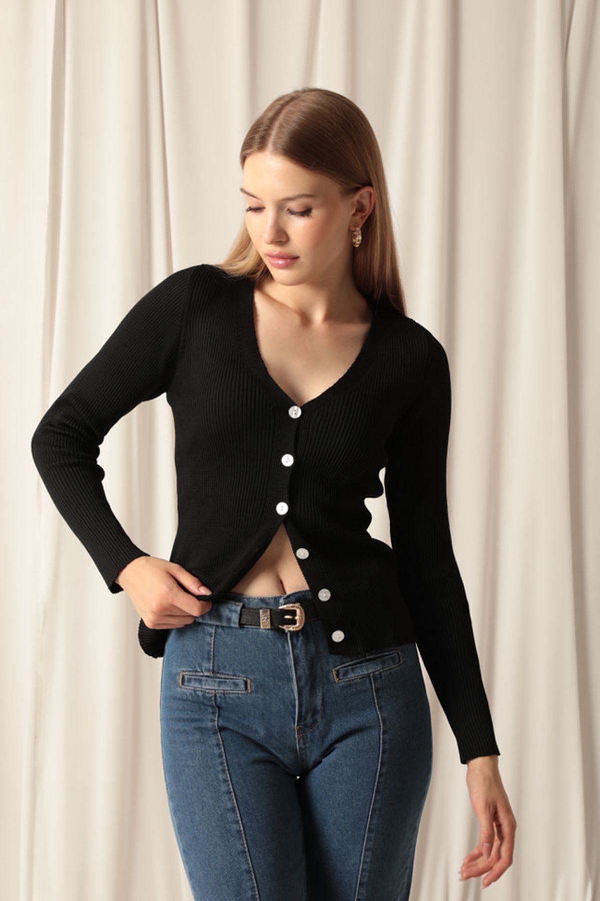 Knitwear Fabric Buttoned Women's Black Cardigan