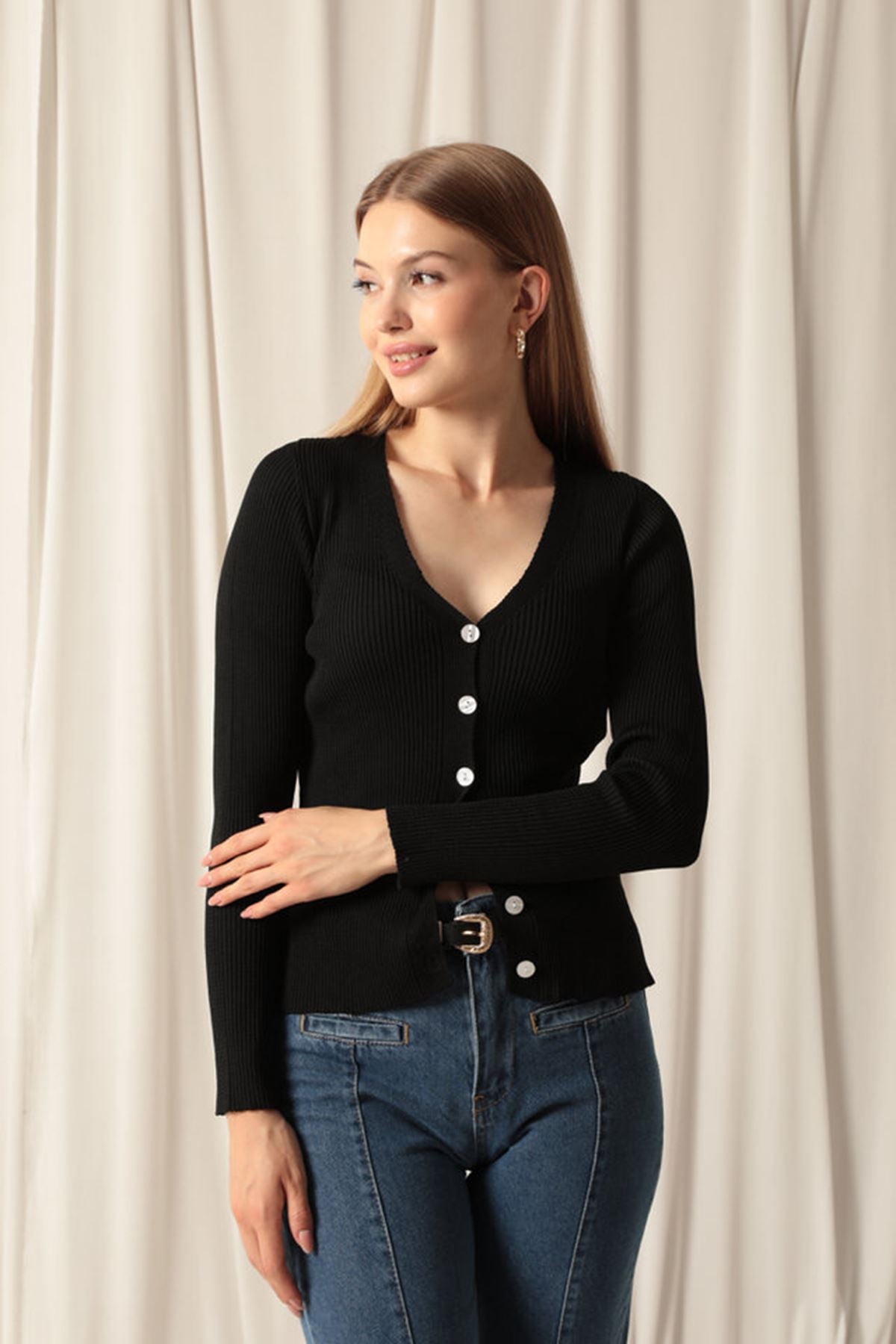 Knitwear Fabric Buttoned Women's Black Cardigan