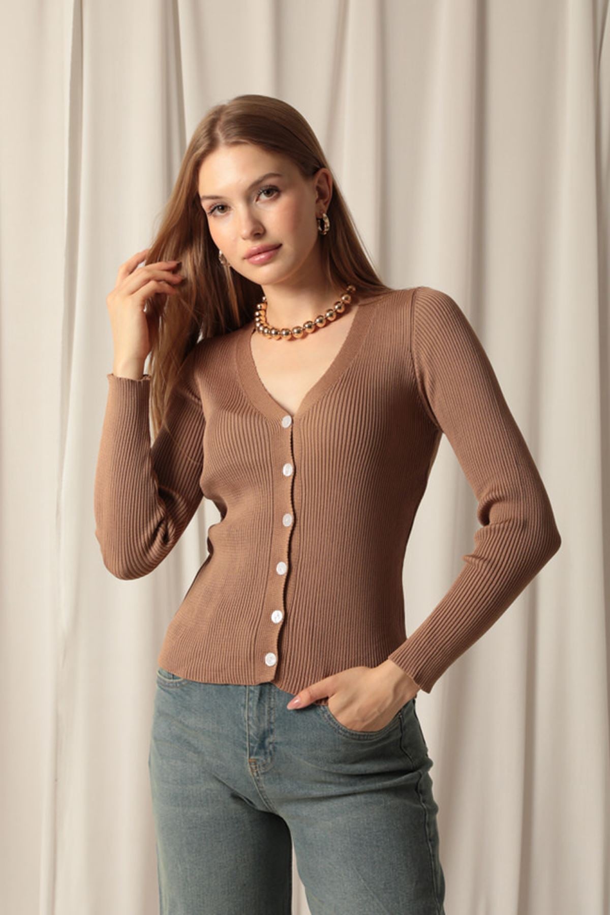 Knitwear Fabric Buttoned Women's Brown Cardigan