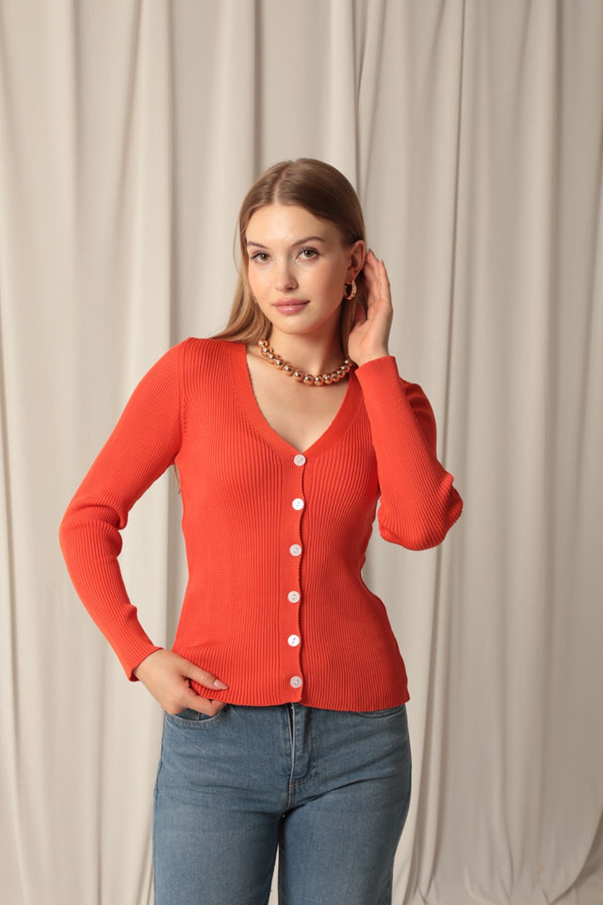 Knitwear Fabric Buttoned Women's Orange Cardigan