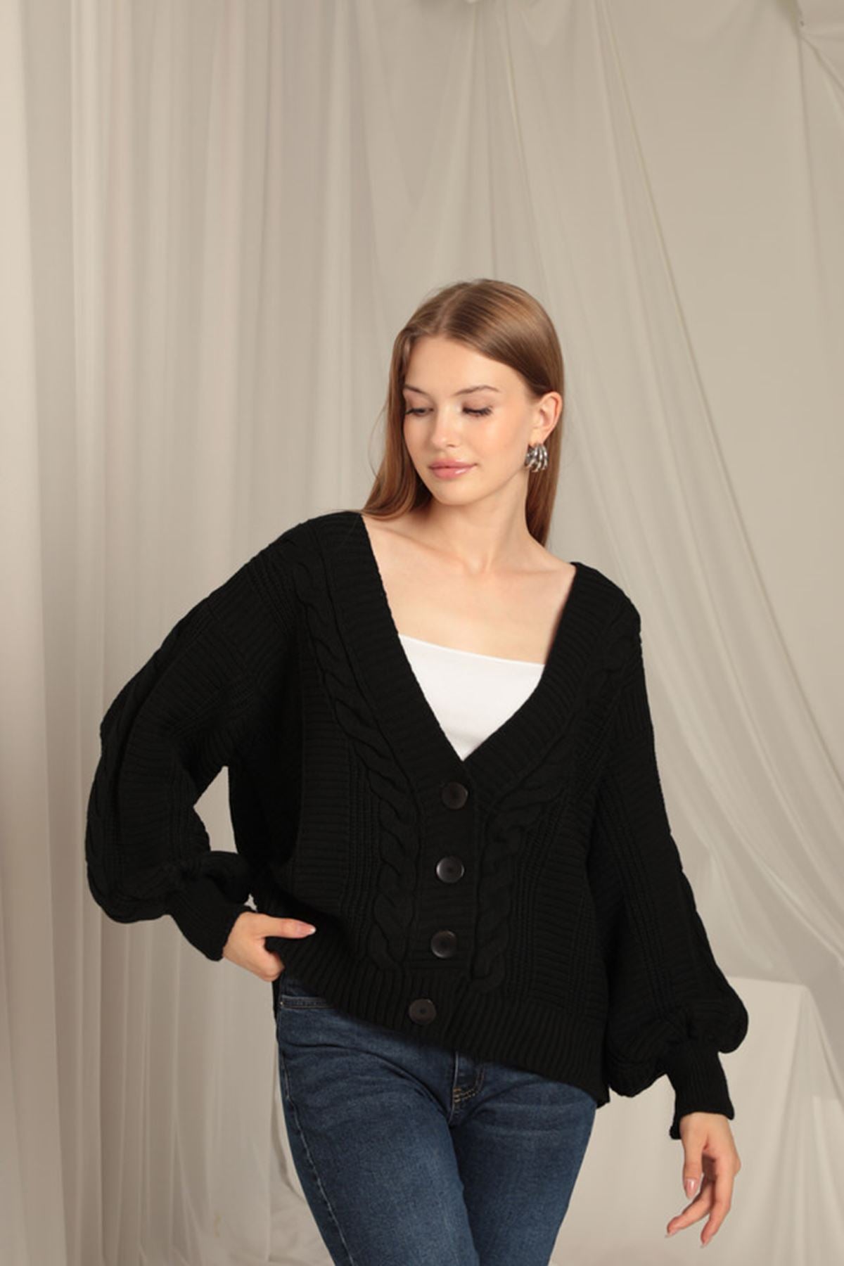 Knitwear Fabric Knit Detailed Women's Black Cardigan - STREETMODE ™