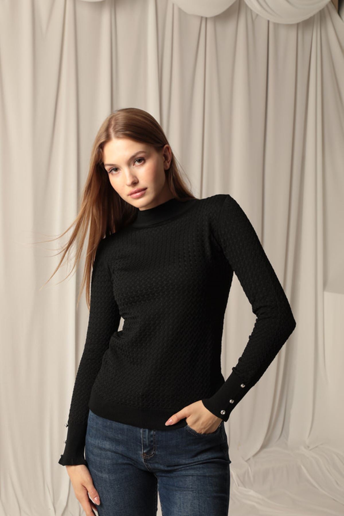 Knitwear Fabric Patterned Buttoned Sleeve Women's Black Blouse