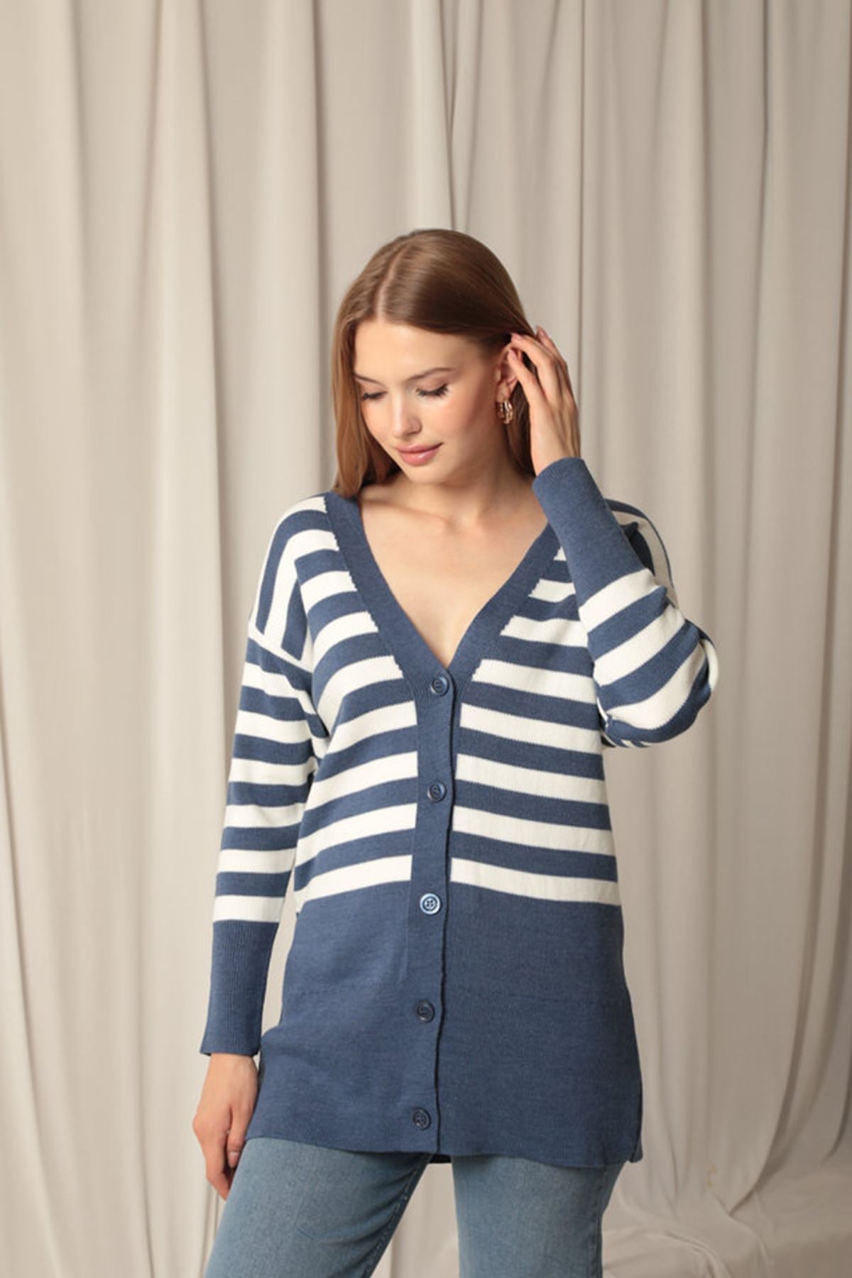 Knitwear Fabric Striped Women's Indigo Cardigan