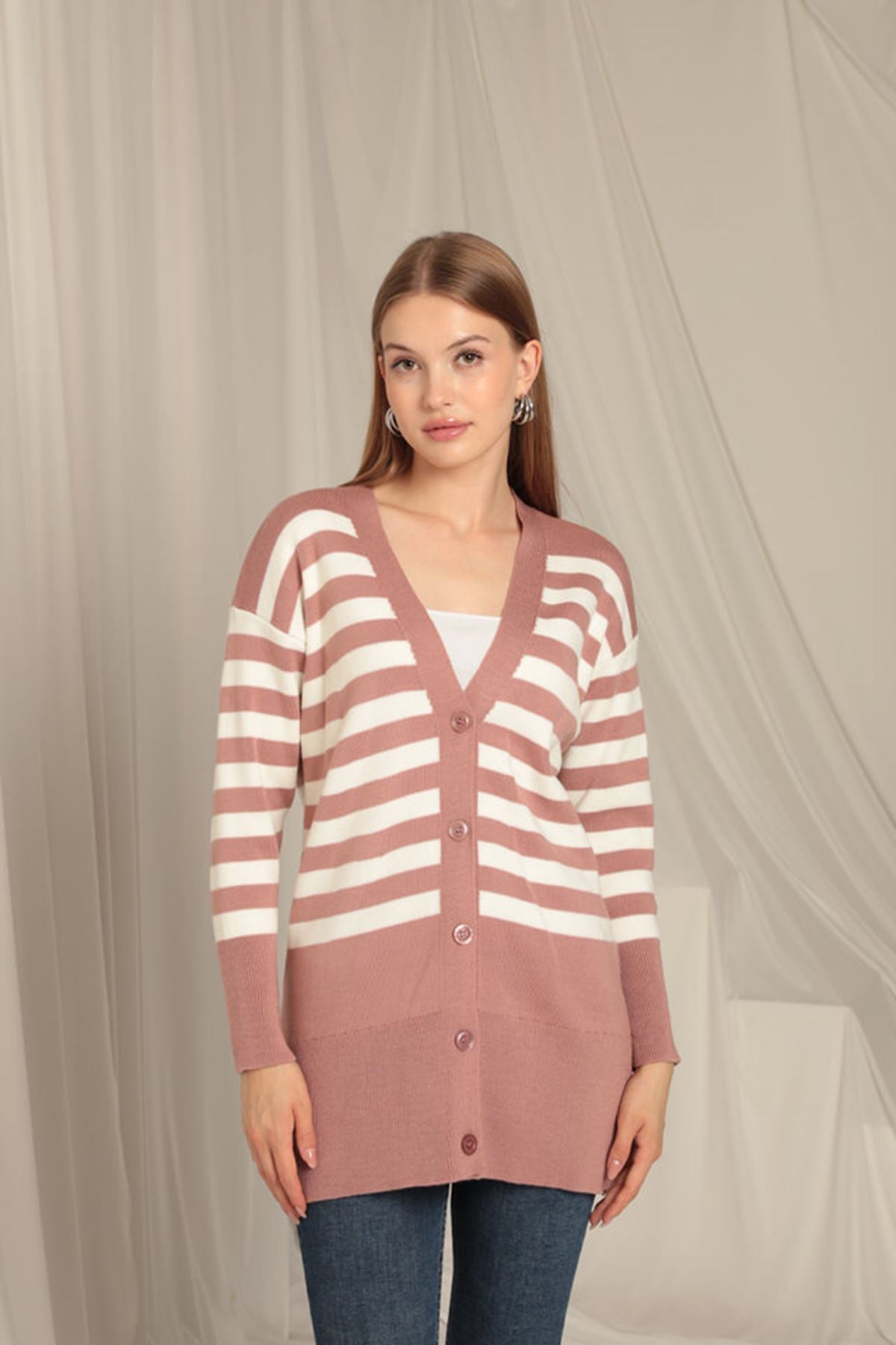 Knitwear Fabric Striped Women's Rose Cardigan