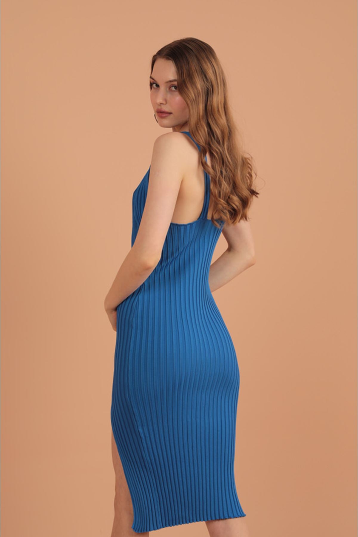 Knitwear V-Neck Women's Dress-Sax - STREETMODE ™