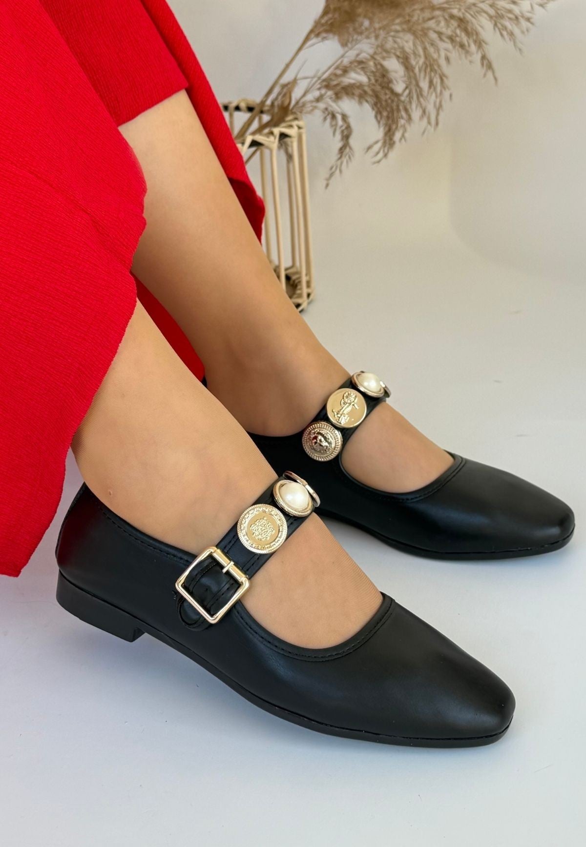 Women's Black Leather Ballerina Shoes