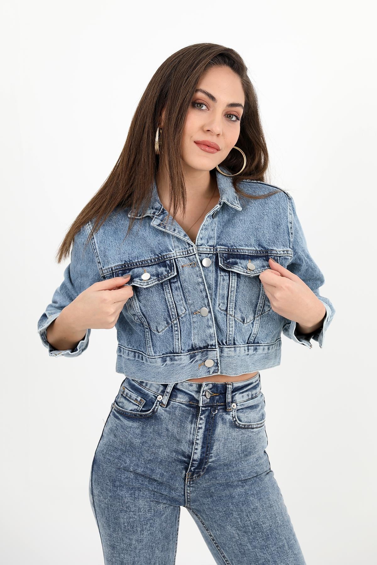 Women's Denim Jacket Crop Basic - Blue - STREETMODE ™