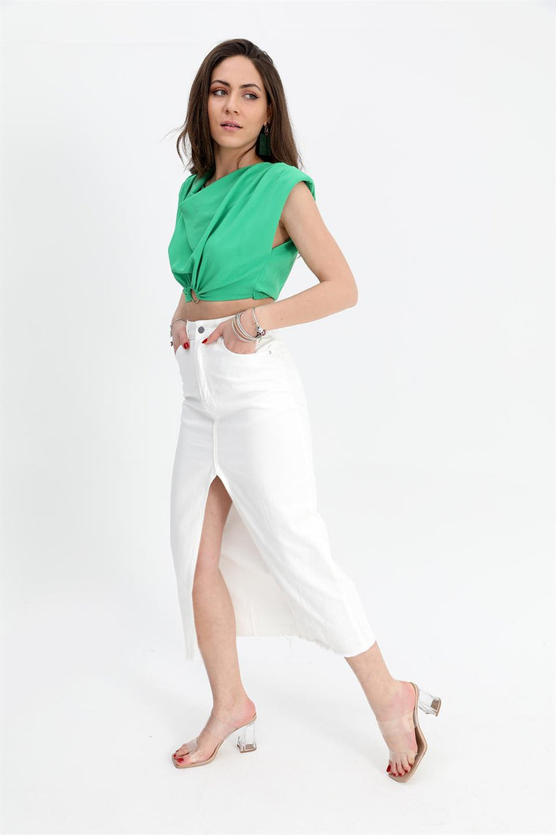 Women's Denim Skirt Front Slit Skirt Tasseled - White - STREET MODE ™