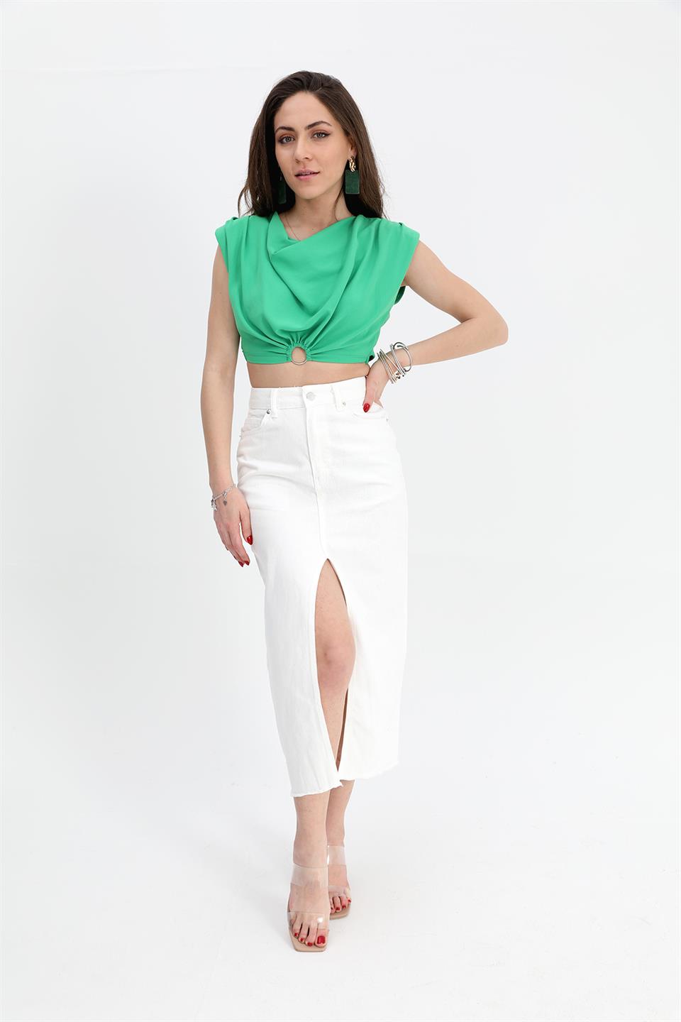 Women's Denim Skirt Front Slit Skirt Tasseled - White - STREET MODE ™
