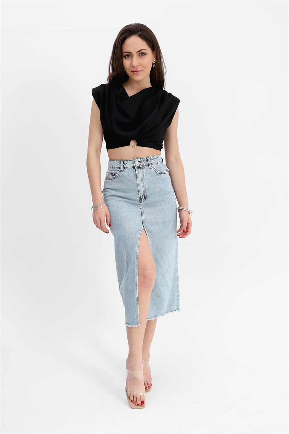 Women's Denim Skirt Front Slit Skirt Tasseled - Blue - STREET MODE ™