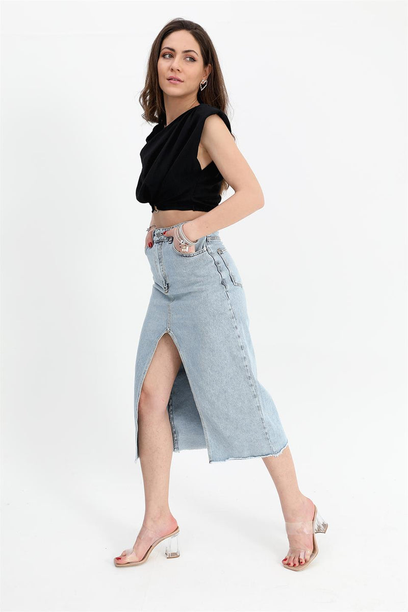 Women's Denim Skirt Front Slit Skirt Tasseled - Blue - STREET MODE ™