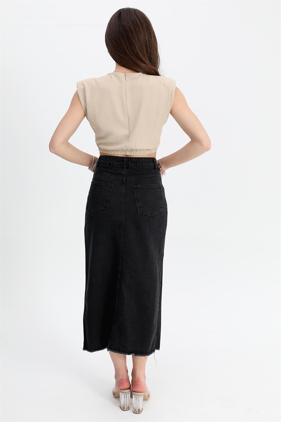 Women's Denim Skirt Front Slit Skirt Tasseled - Black - STREET MODE ™