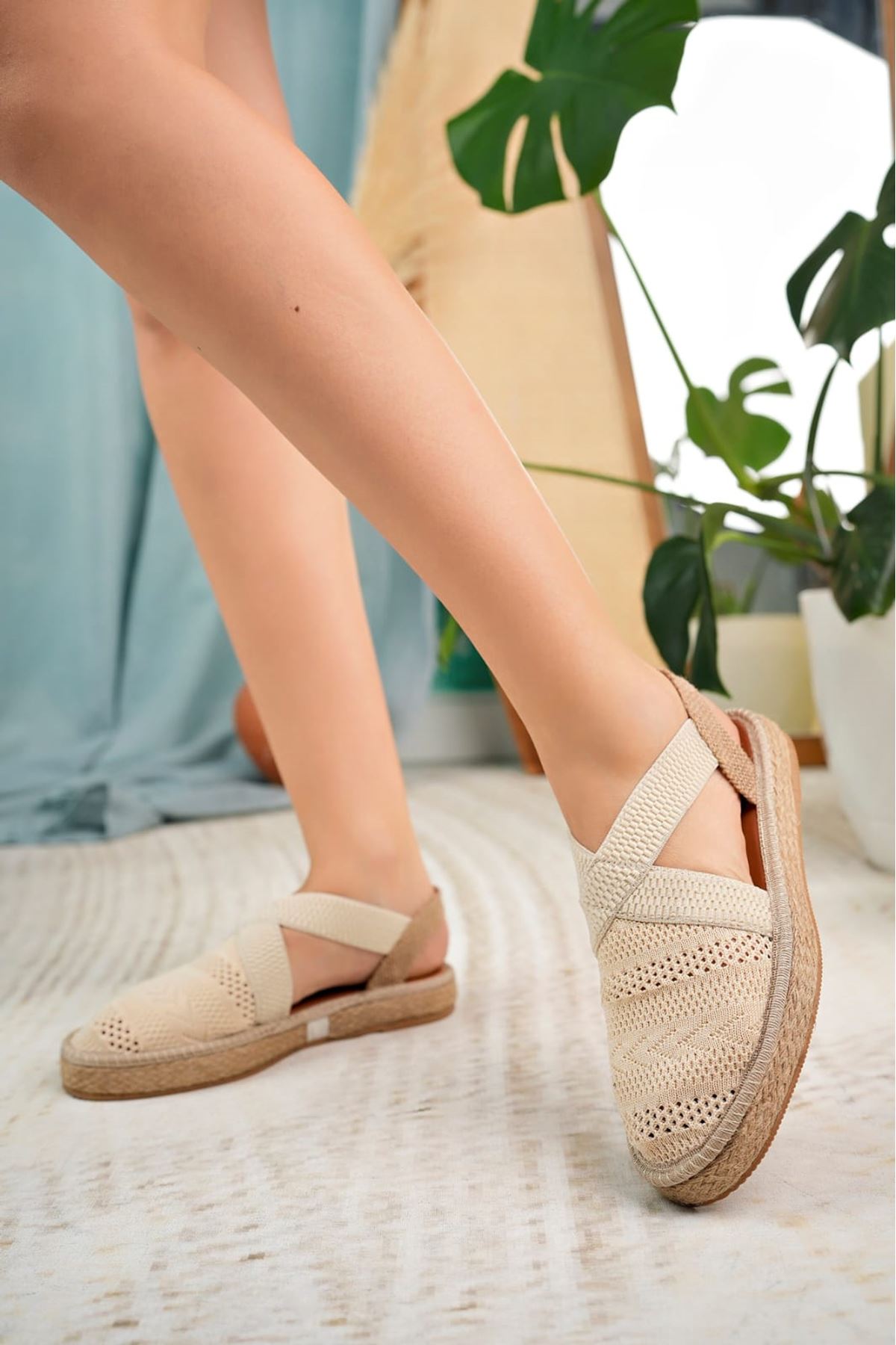 Women's Cream Closed Toe Elastic Knitwear Sandals - STREETMODE ™