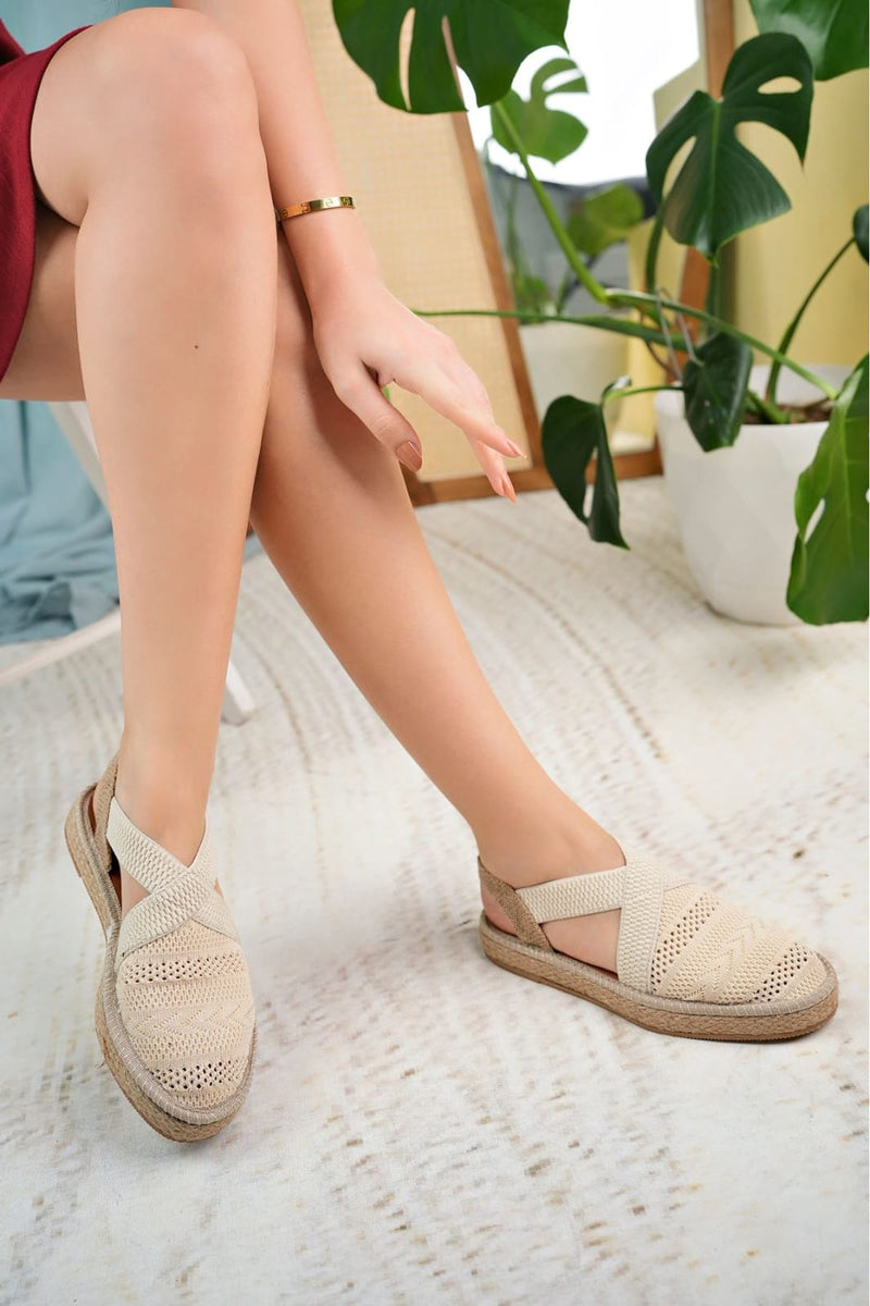 Women's Cream Closed Toe Elastic Knitwear Sandals - STREETMODE ™