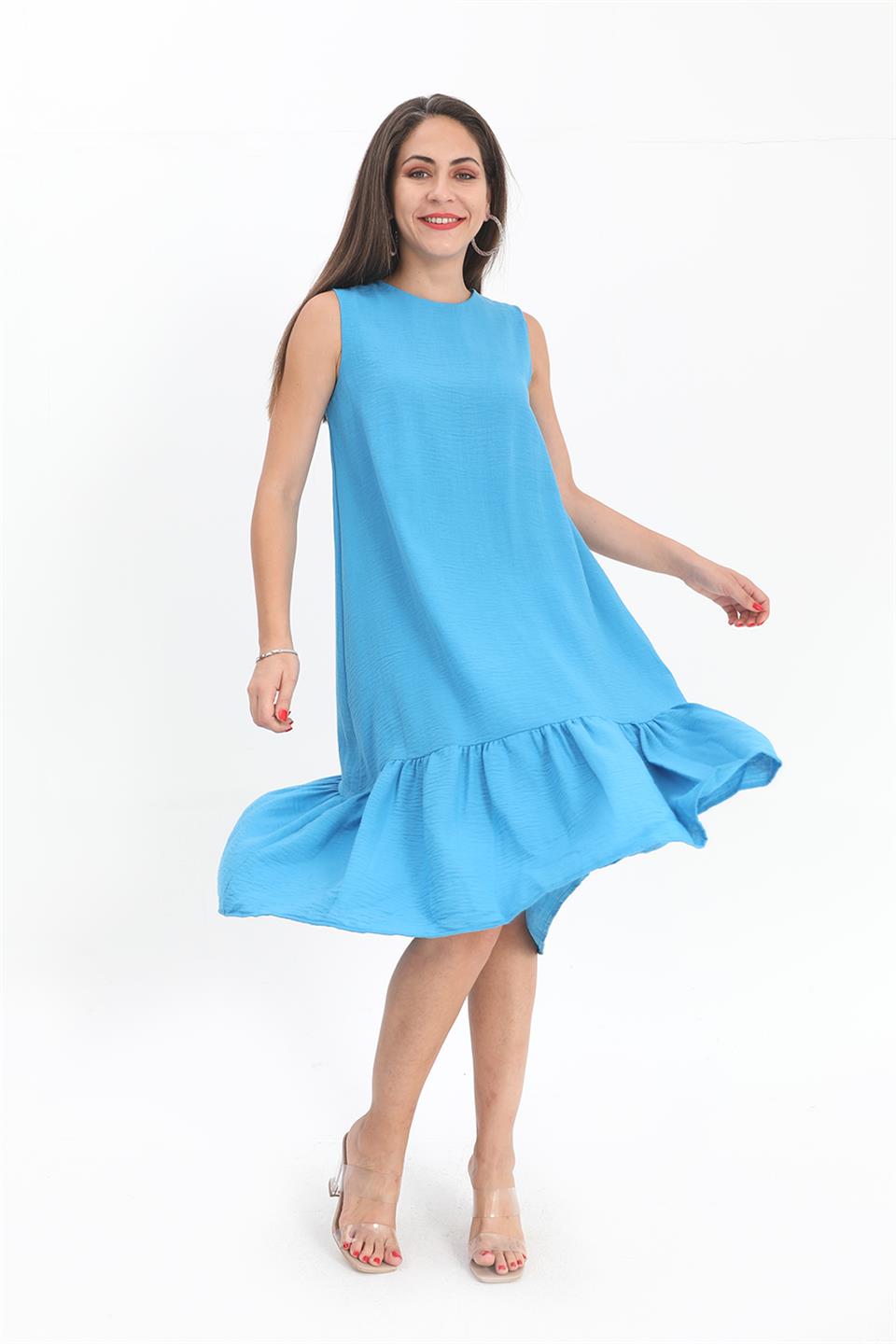 Crystal Linen Sleeveless Women's Loose Dress - Blue - STREETMODE ™