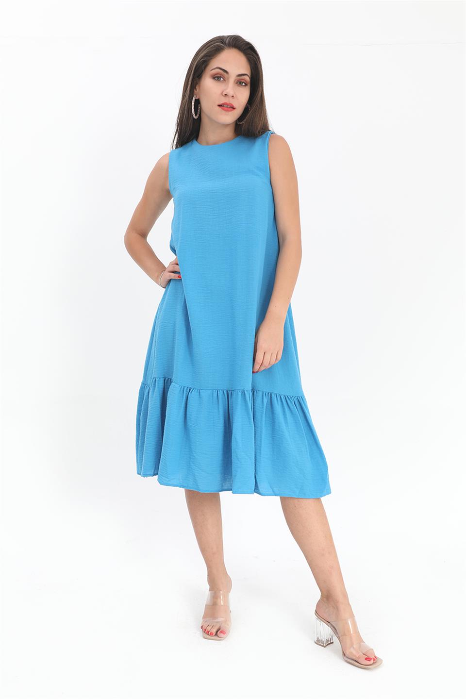 Crystal Linen Sleeveless Women's Loose Dress - Blue - STREETMODE ™