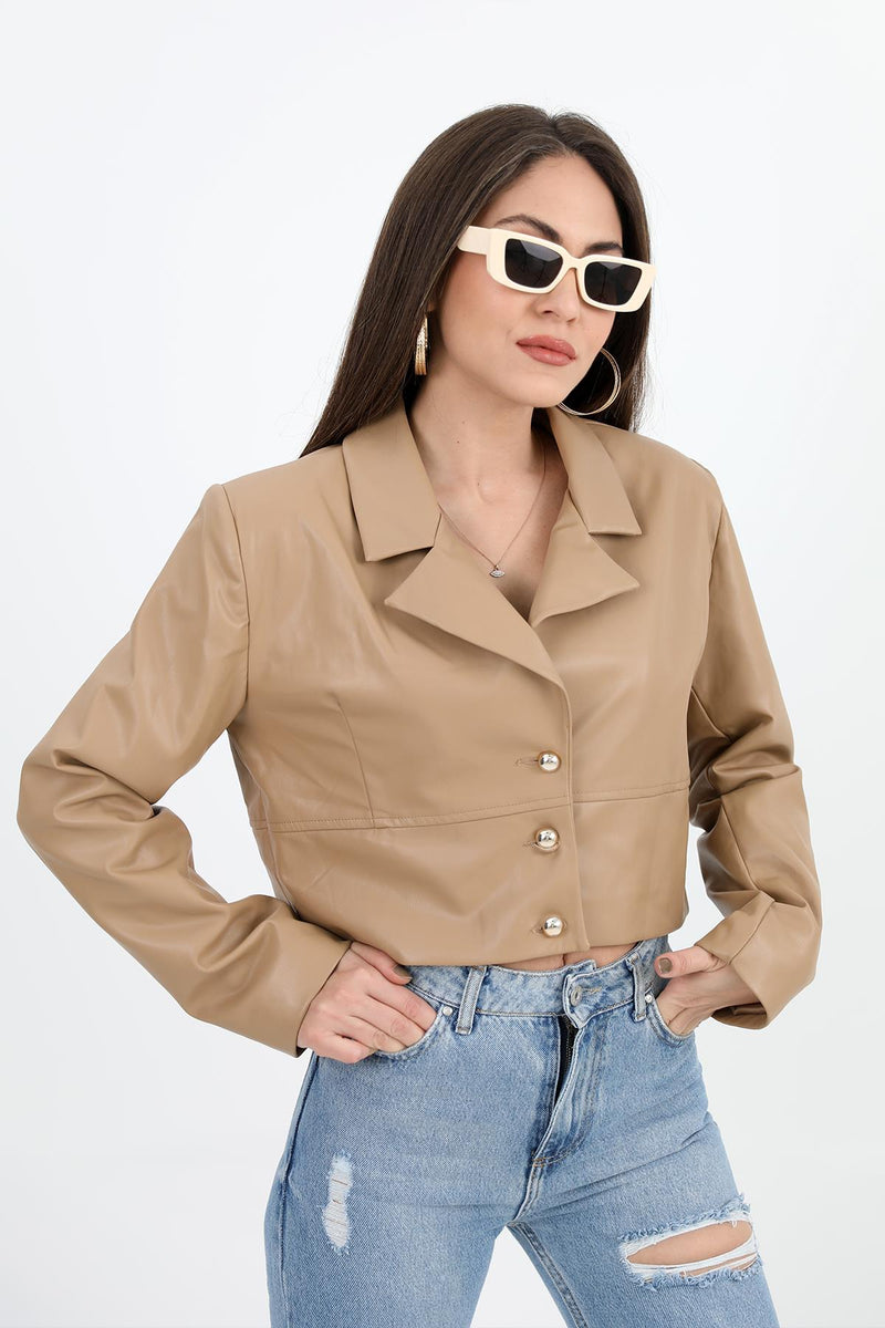 Women's Double Breasted Collar Padded Buttoned Short Leather Jacket - Camel - STREETMODE ™