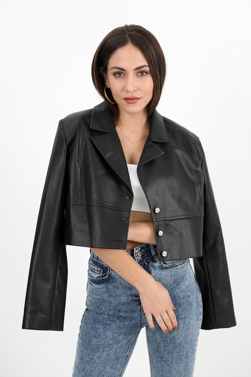 Women's Double Breasted Collar Padded Buttoned Short Leather Jacket - Black - STREETMODE ™