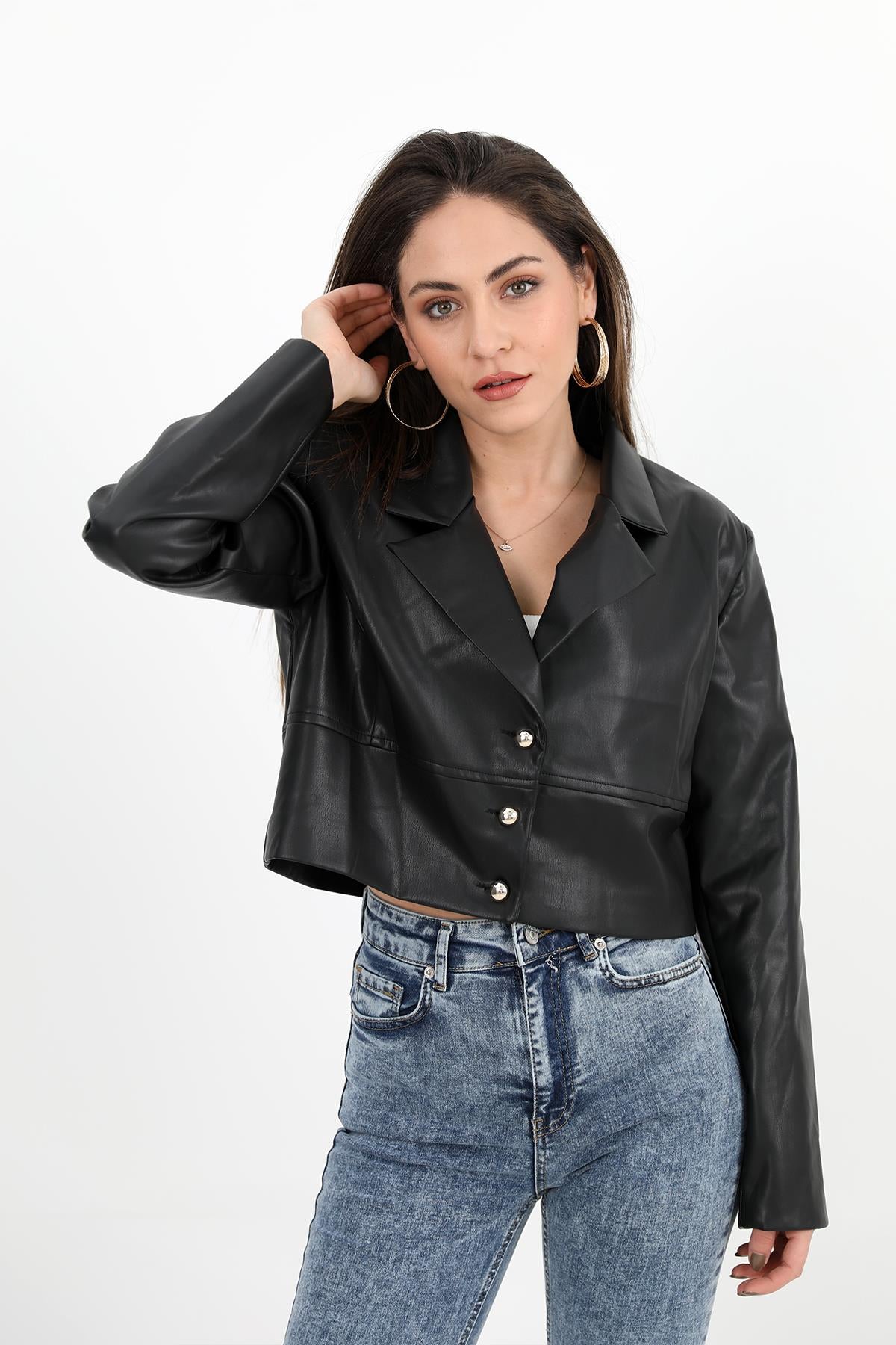 Women's Double Breasted Collar Padded Buttoned Short Leather Jacket - Black - STREETMODE ™