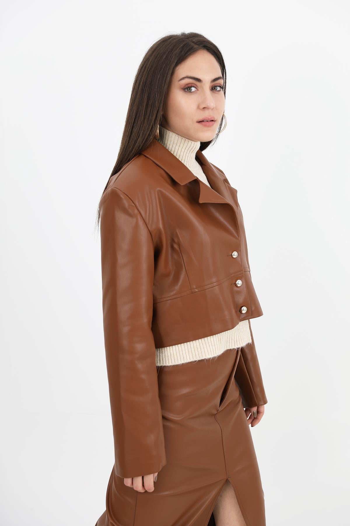 Women's Double Breasted Collar Padded Buttoned Short Leather Jacket - Brown - STREETMODE ™
