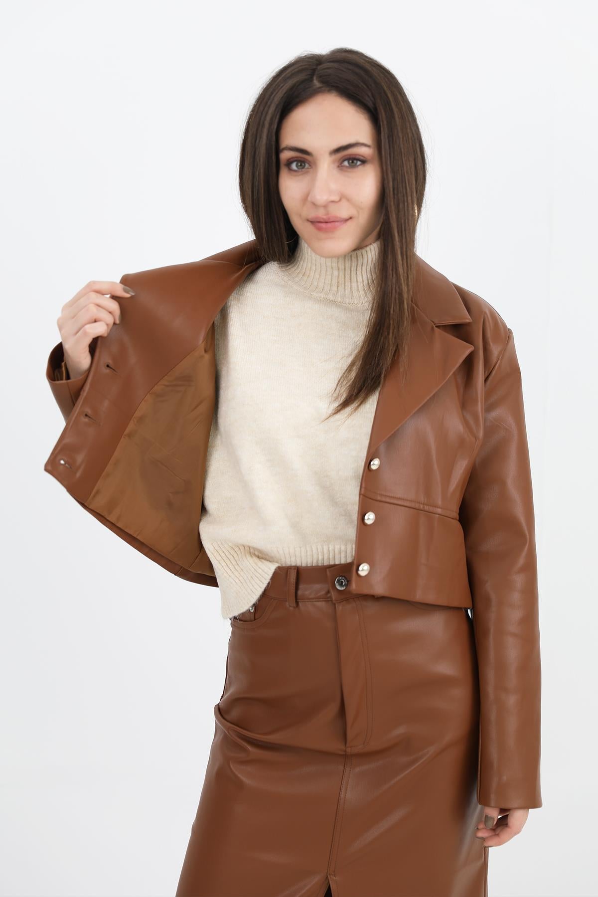 Women's Double Breasted Collar Padded Buttoned Short Leather Jacket - Brown - STREETMODE ™