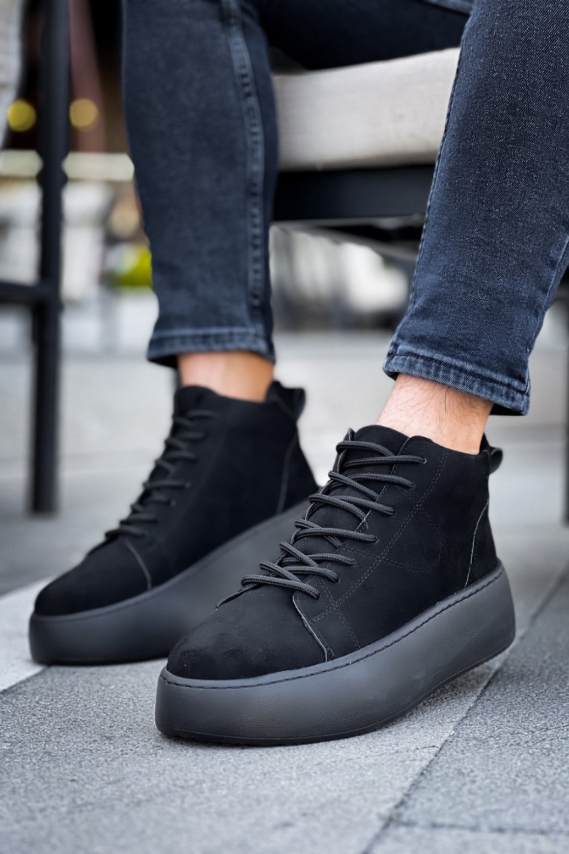 LE10 Lace-Up Men's High Black Sole Black Suede Sports Boots