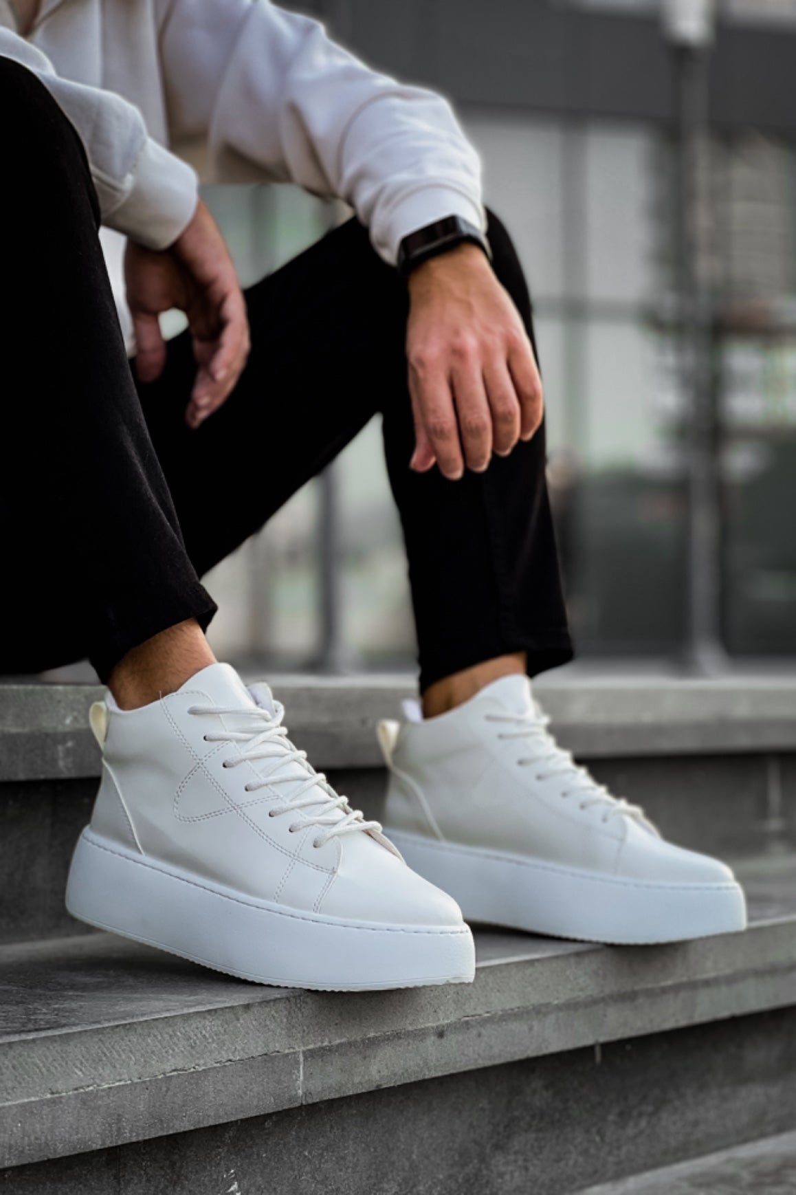 LE10 Lace-Up Men's High Sole White Sports Boots