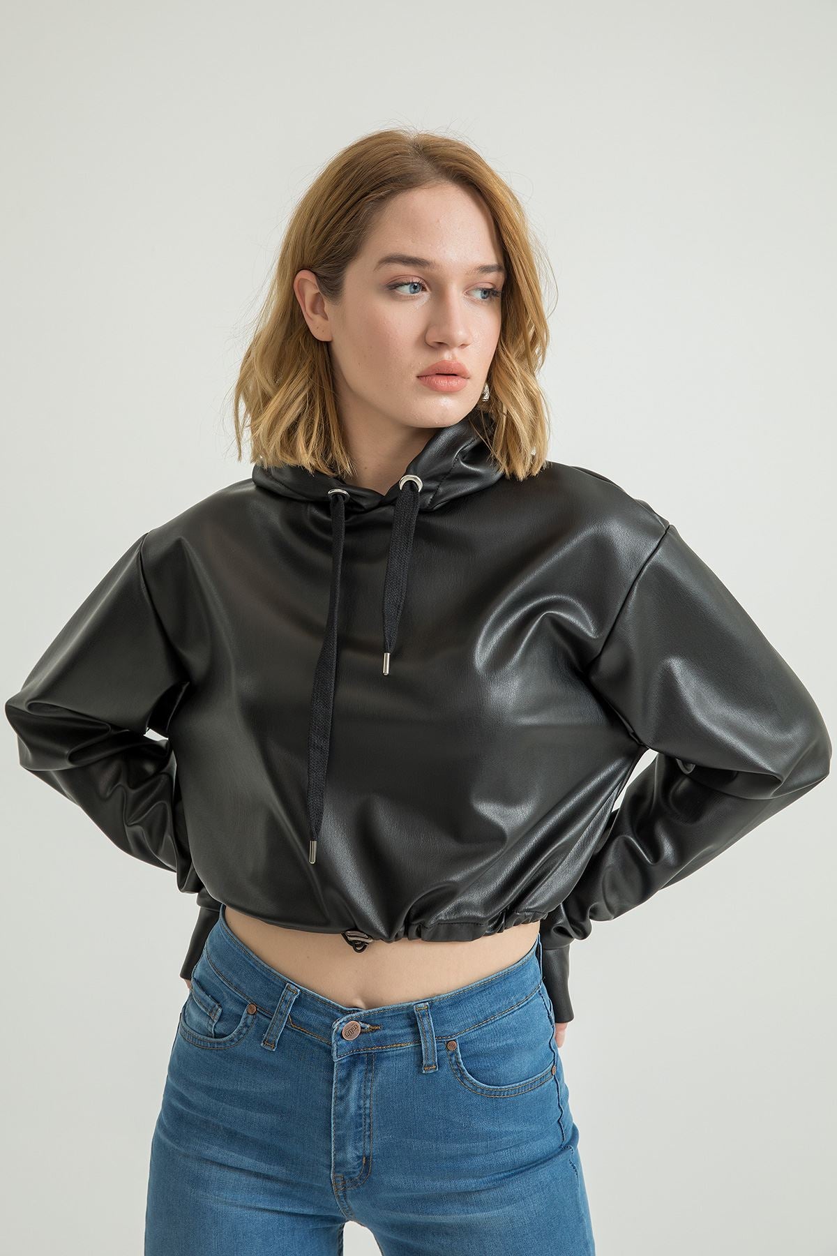Women's Leather Fabric Long Sleeve Hooded Crop Oversize Black - STREETMODE ™