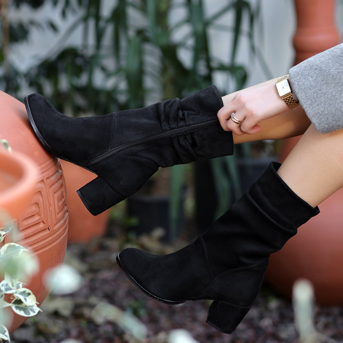 Women's Leony Black Suede Heeled Boots - STREETMODE ™