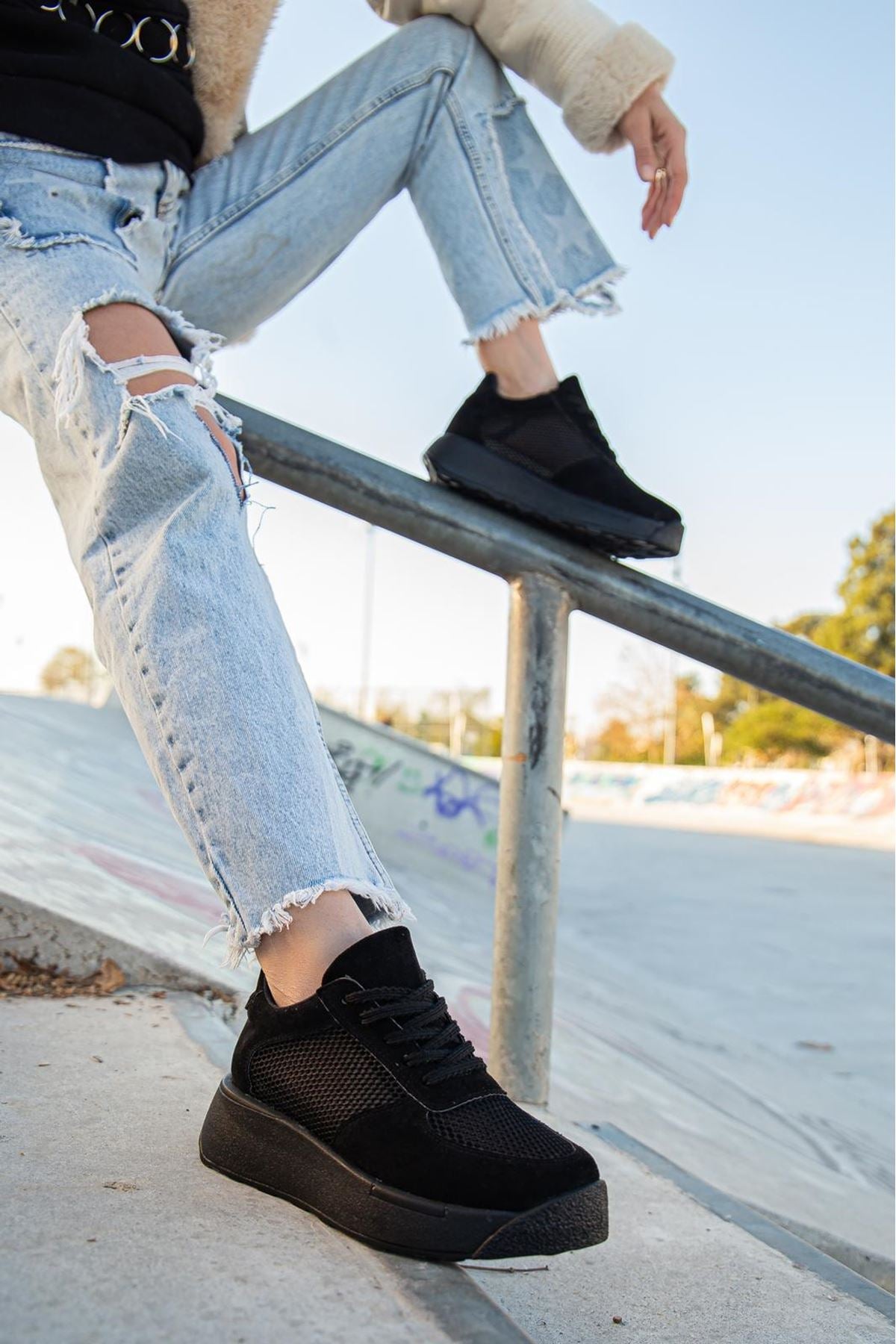 Liam Black Suede - Mesh Lace Detail Thick Sole Sneakers Shoes - STREET MODE ™