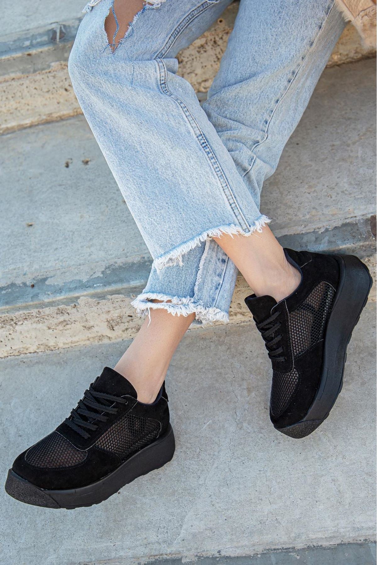 Liam Black Suede - Mesh Lace Detail Thick Sole Sneakers Shoes - STREET MODE ™