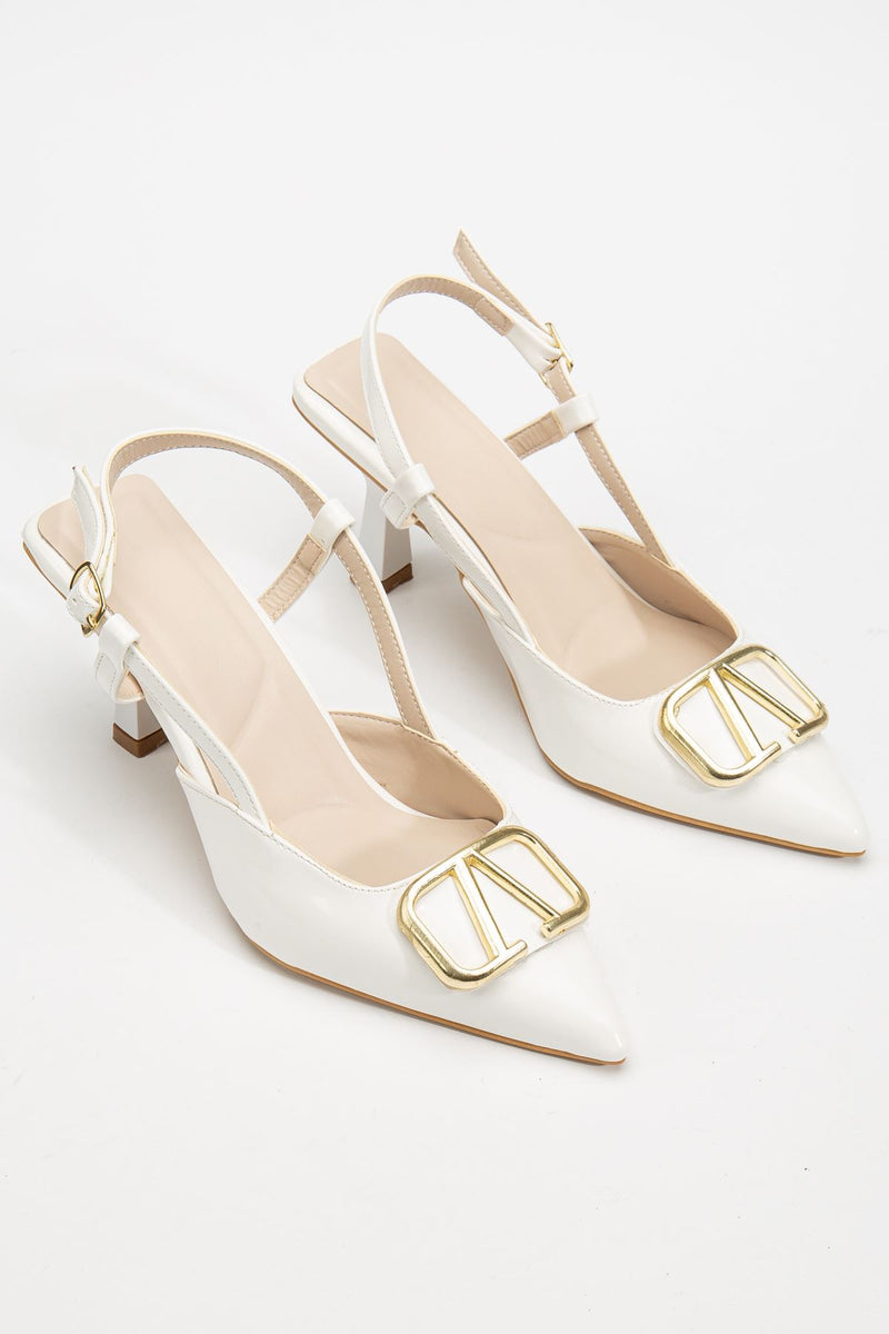 Women's White Patent Leather Buckle Detailed Thin Heeled Shoes - STREETMODE ™