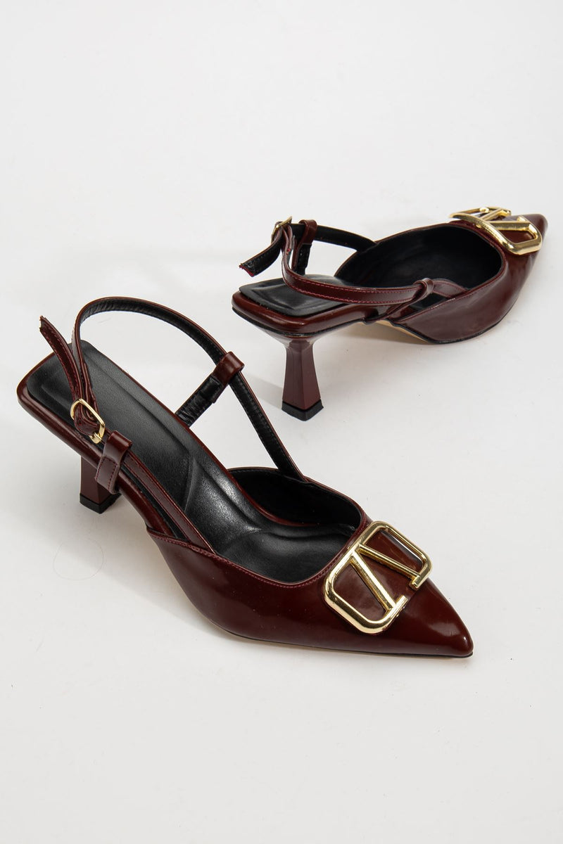 Women's Burgundy Patent Leather Buckle Detailed Thin Heeled Shoes - STREETMODE ™