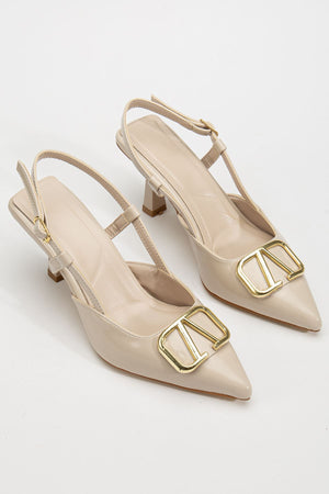 Women's Cream Patent Leather Buckle Detailed Thin Heeled Shoes - STREETMODE ™