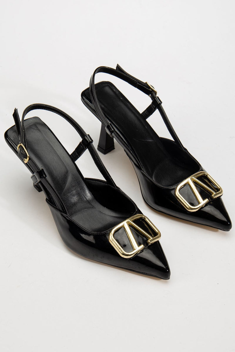 Women's Black Patent Leather Buckle Detailed Thin Heeled Shoes - STREETMODE ™