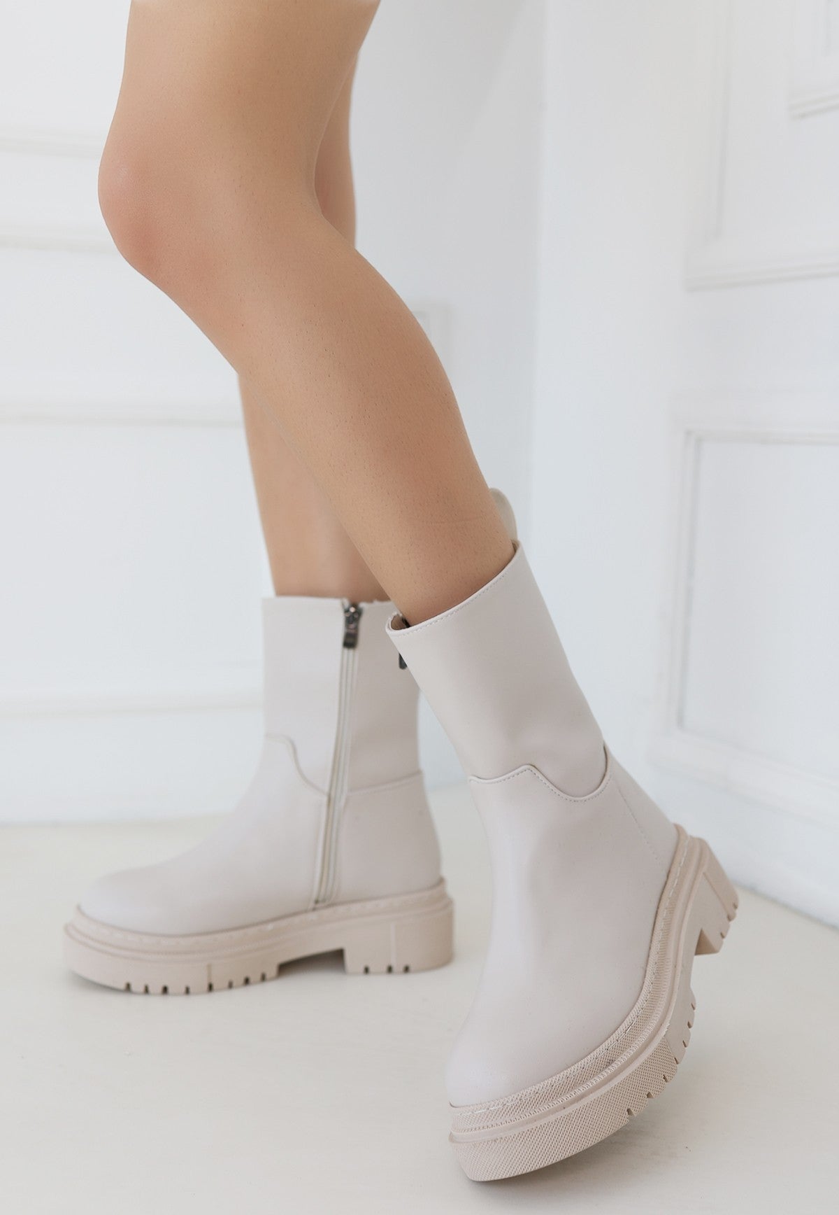 Women's Beige Leather Heeled Boots