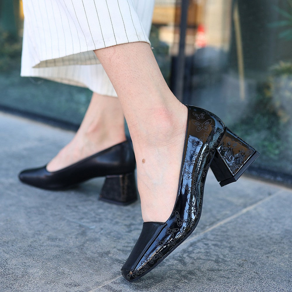 Women's Black Leather Heeled Shoes - STREETMODE ™