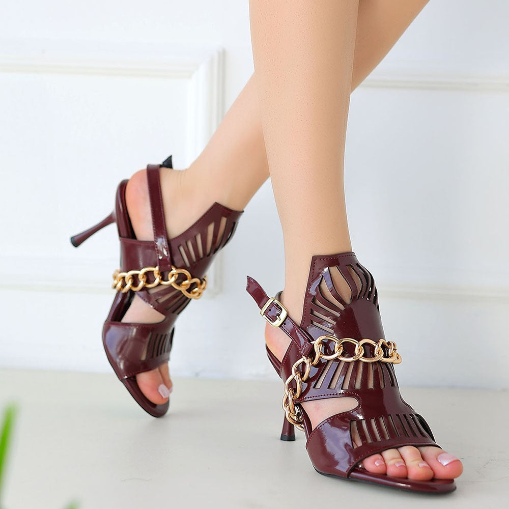 Women's Burgundy Patent Leather Heeled Shoes - STREETMODE ™