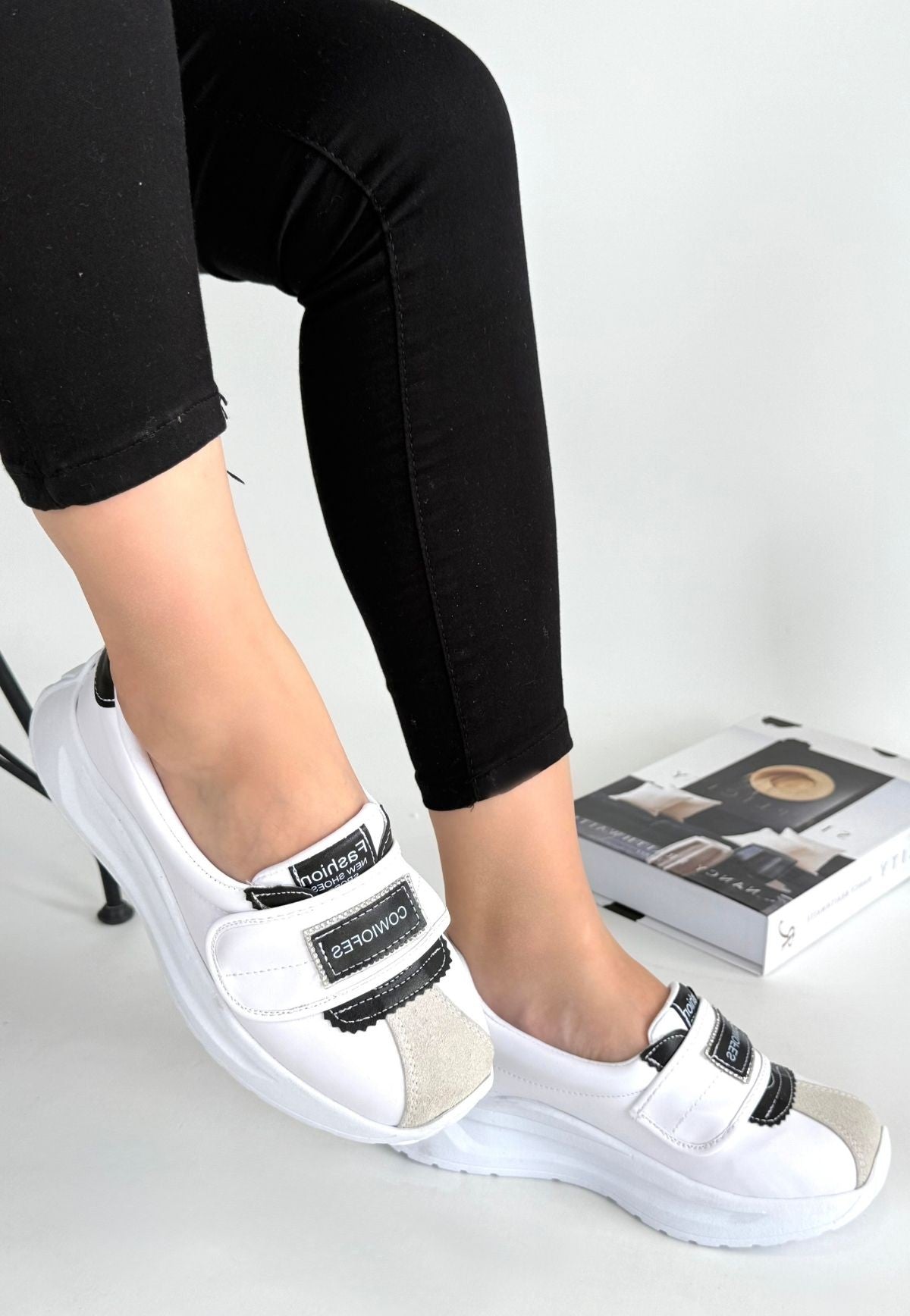 Women's White Skin Black Detailed Sneakers