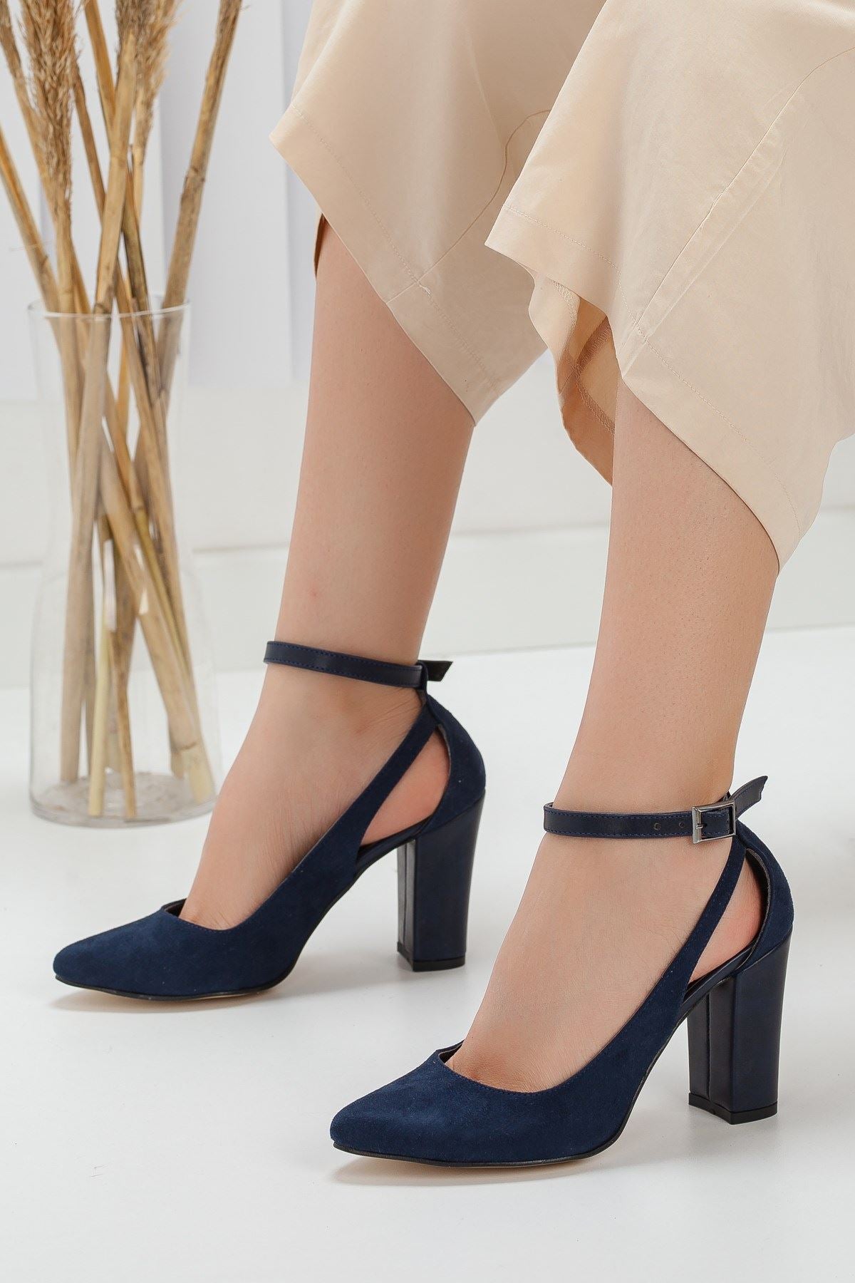 Women's Lillian Heeled Navy Blue Suede Shoes - STREETMODE ™