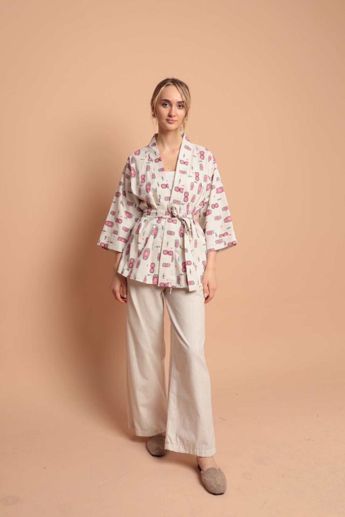 Linen Fabric Printed Women's Suit-Fuchsia