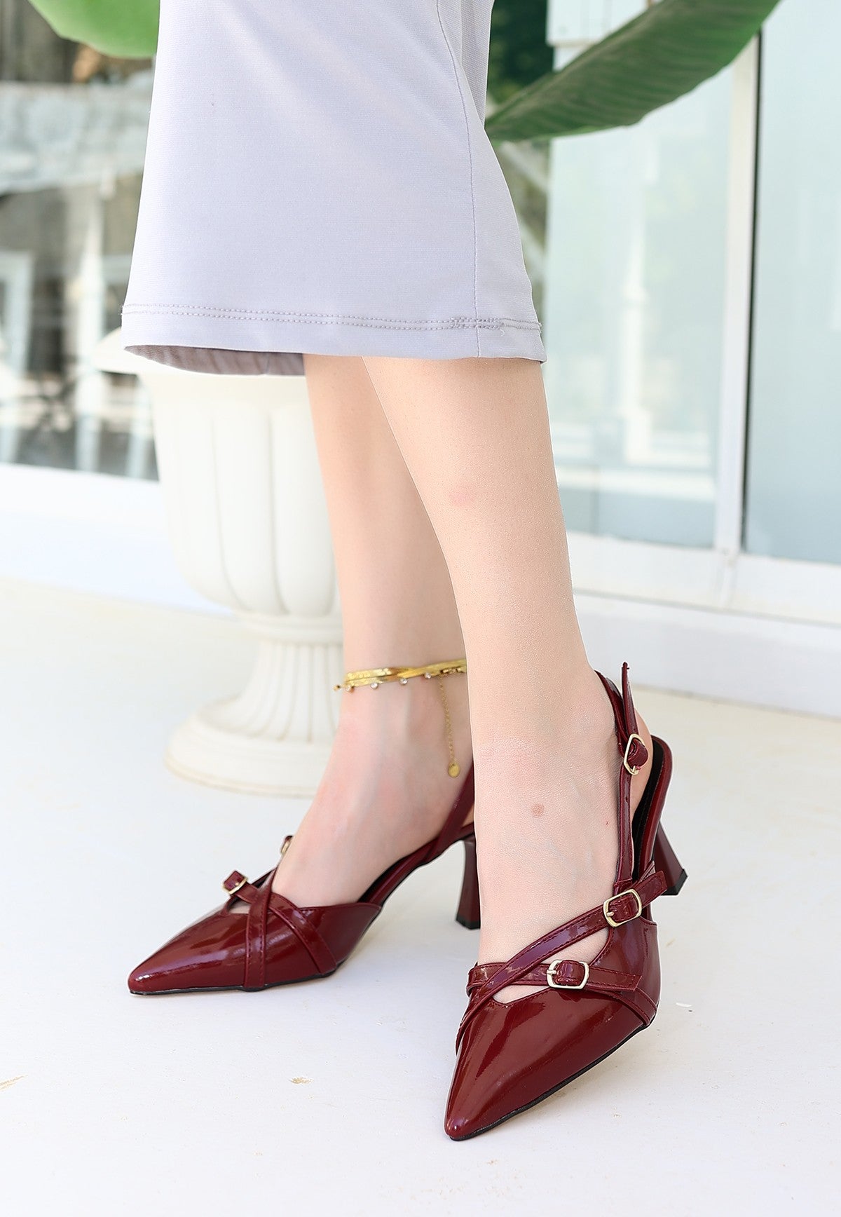 Women's Liwan Claret Red Patent Leather Heeled Shoes