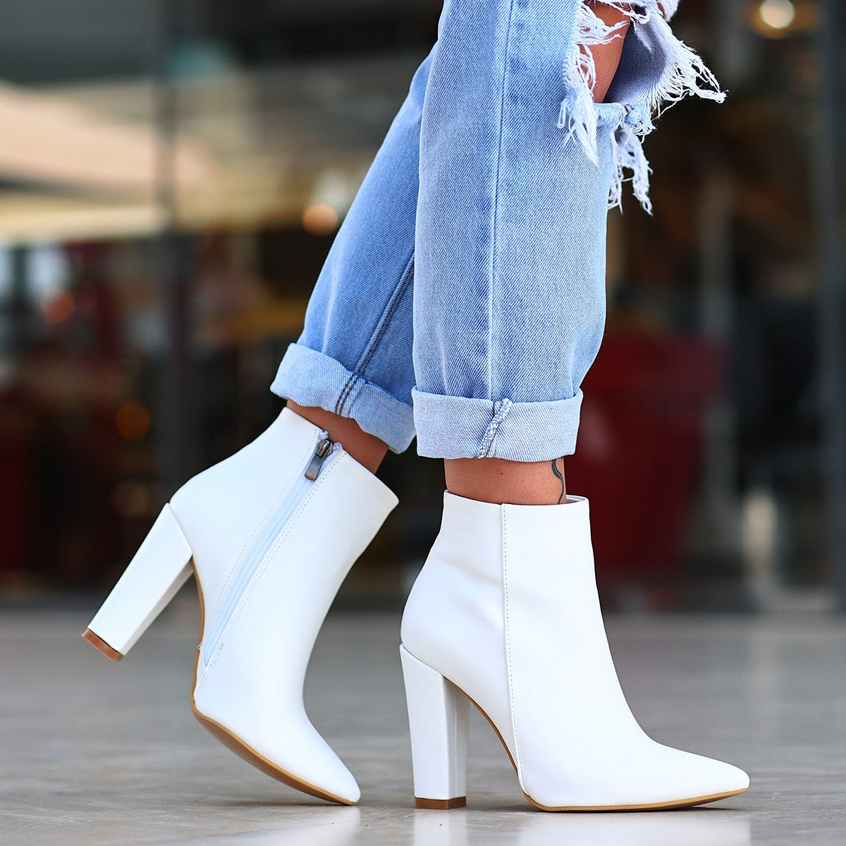 Women's White Skin Heeled Boots - STREETMODE ™