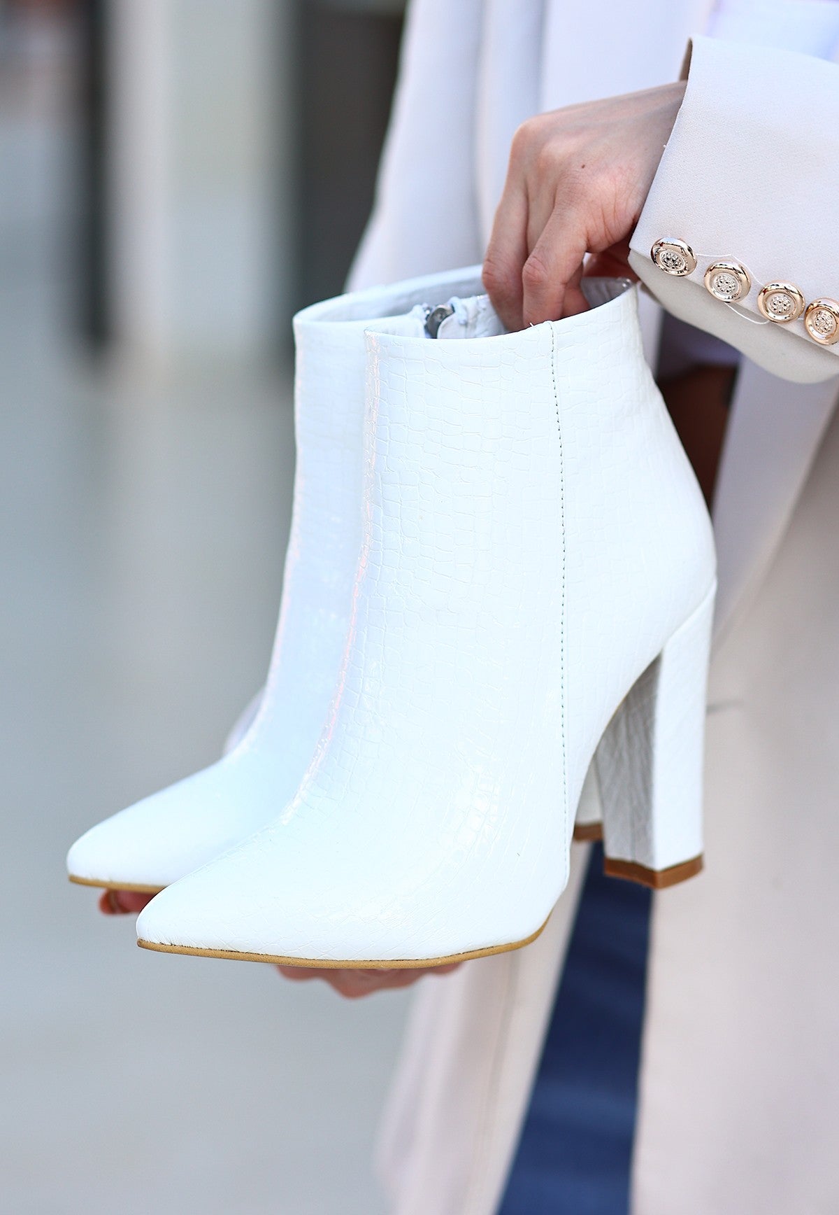 Women's White Patent Leather Patterned Heeled Boots - STREETMODE ™