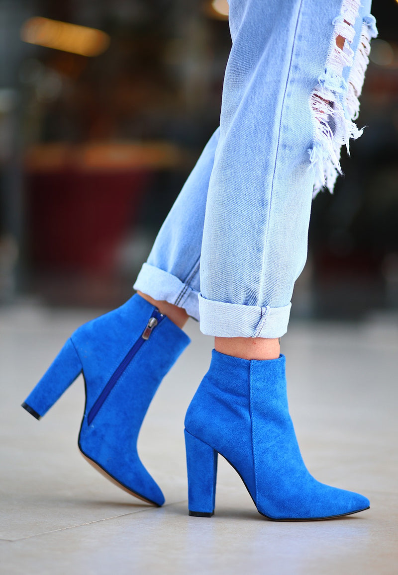 Women's Sax Blue Suede Heeled Boots - STREETMODE ™