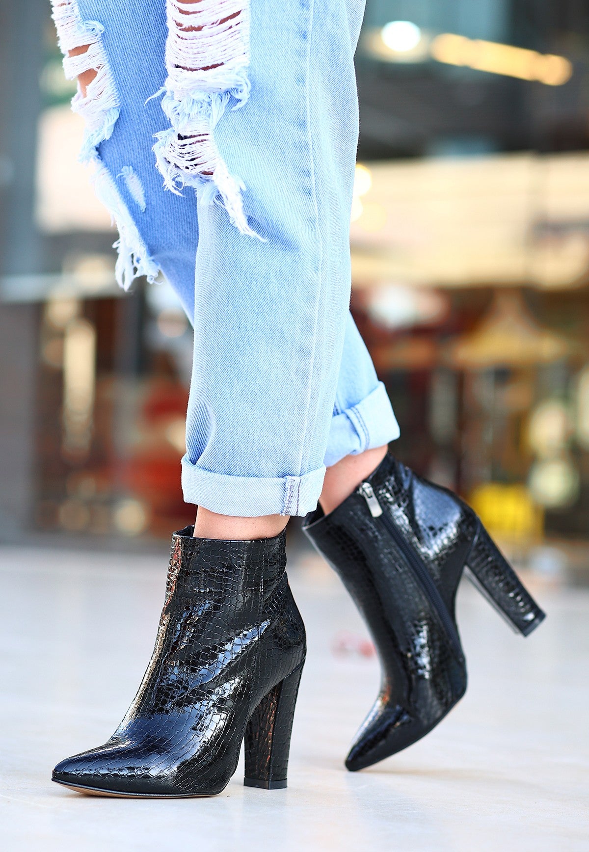 Women's Black Patent Leather Patterned Heeled Boots - STREETMODE ™